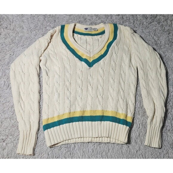 VTG Wimbledon Hartwell Cable Knit Pullover V Neck Sweater Mens Large Grandpacore - Picture 1 of 7